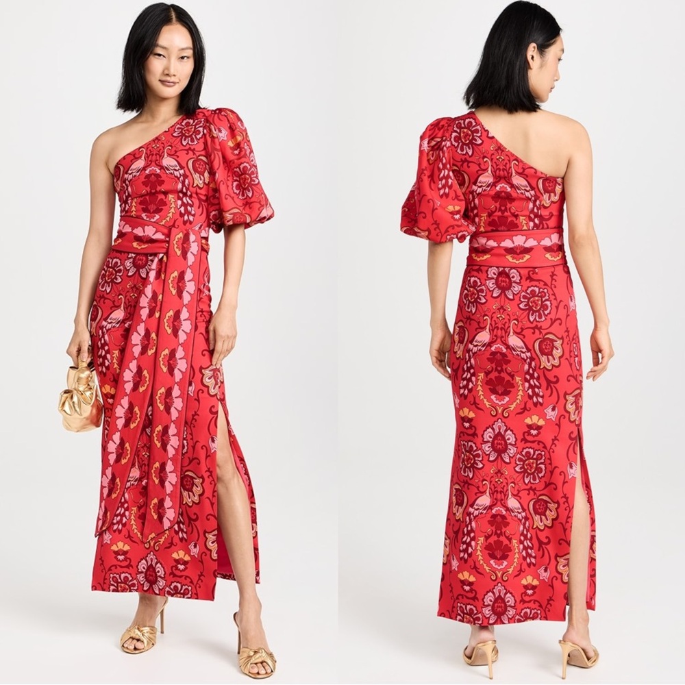 Cara Cara Red One-Shoulder Midi Dress with Floral Paisley Print
